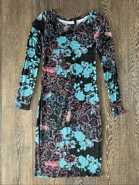 BCBGMaxAzria Black Velvet Floral Long-Sleeve Bodycon Dress in Teal & Pink